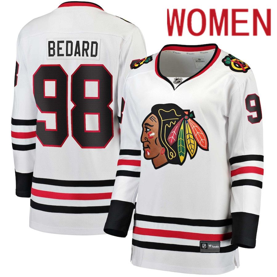 Women Chicago Blackhawks 98 Connor Bedard Fanatics Branded White Away Premier Breakaway Player NHL Jersey